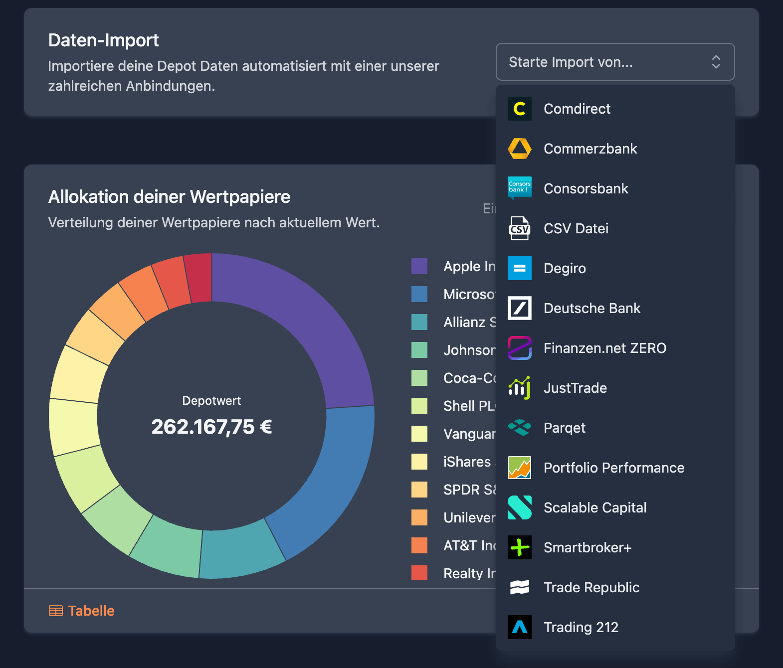 Import Portfolio: every connection in the selection menu