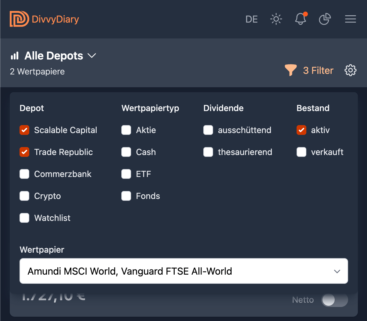 Neue Depot Filter: Bestand und beliebige Wertpapierkombination