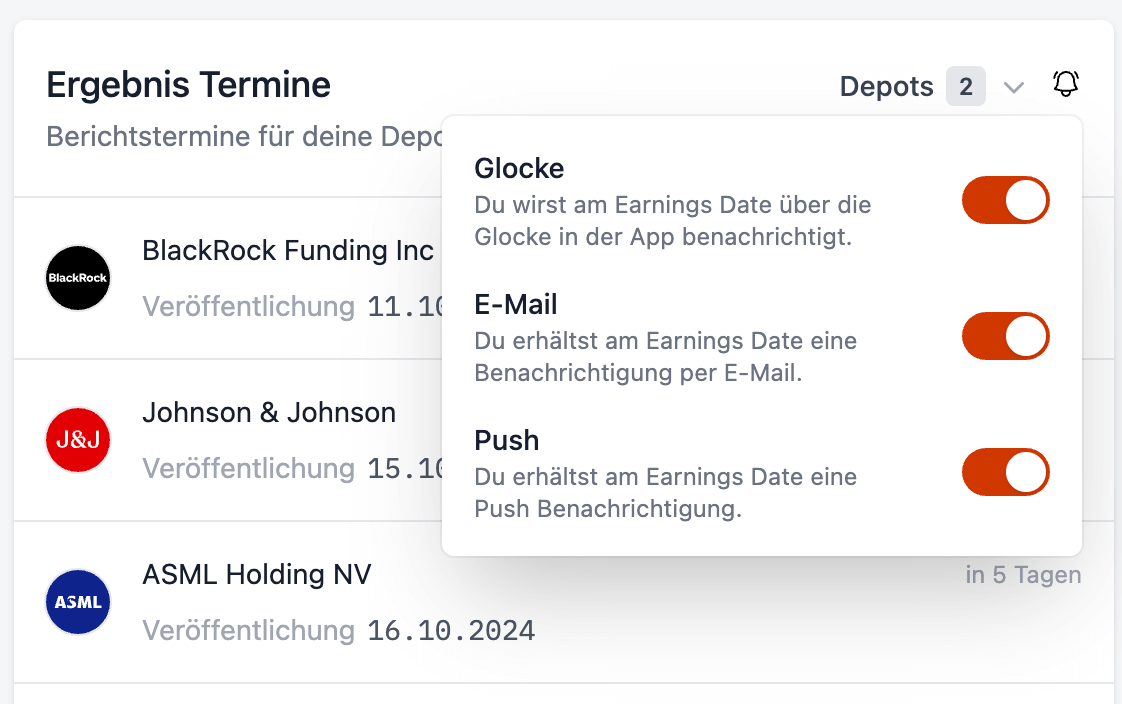 Earnings Dates per Glocke, E-Mail und Push Benachrichtigung