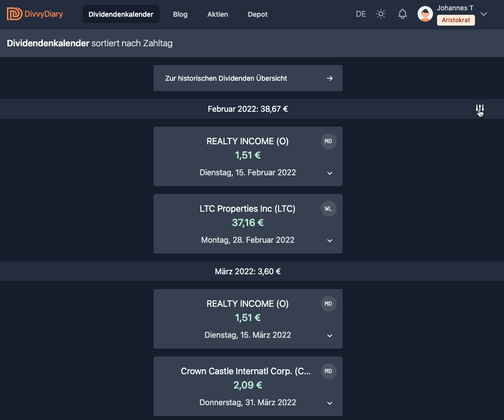 Portfolio filter in the dividend calendar